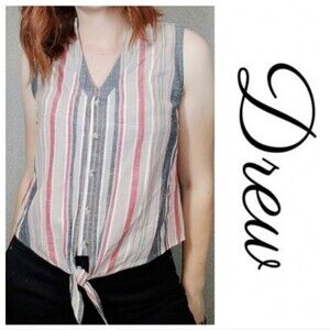 4/$100 DREW Linen Rayon Blend Sleeveless Tie Front Lightweight Stripe Top NWT